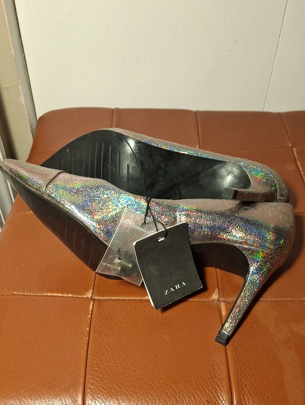 Zara Metallic Iridescent Pointed-Toe Pumps - Silver